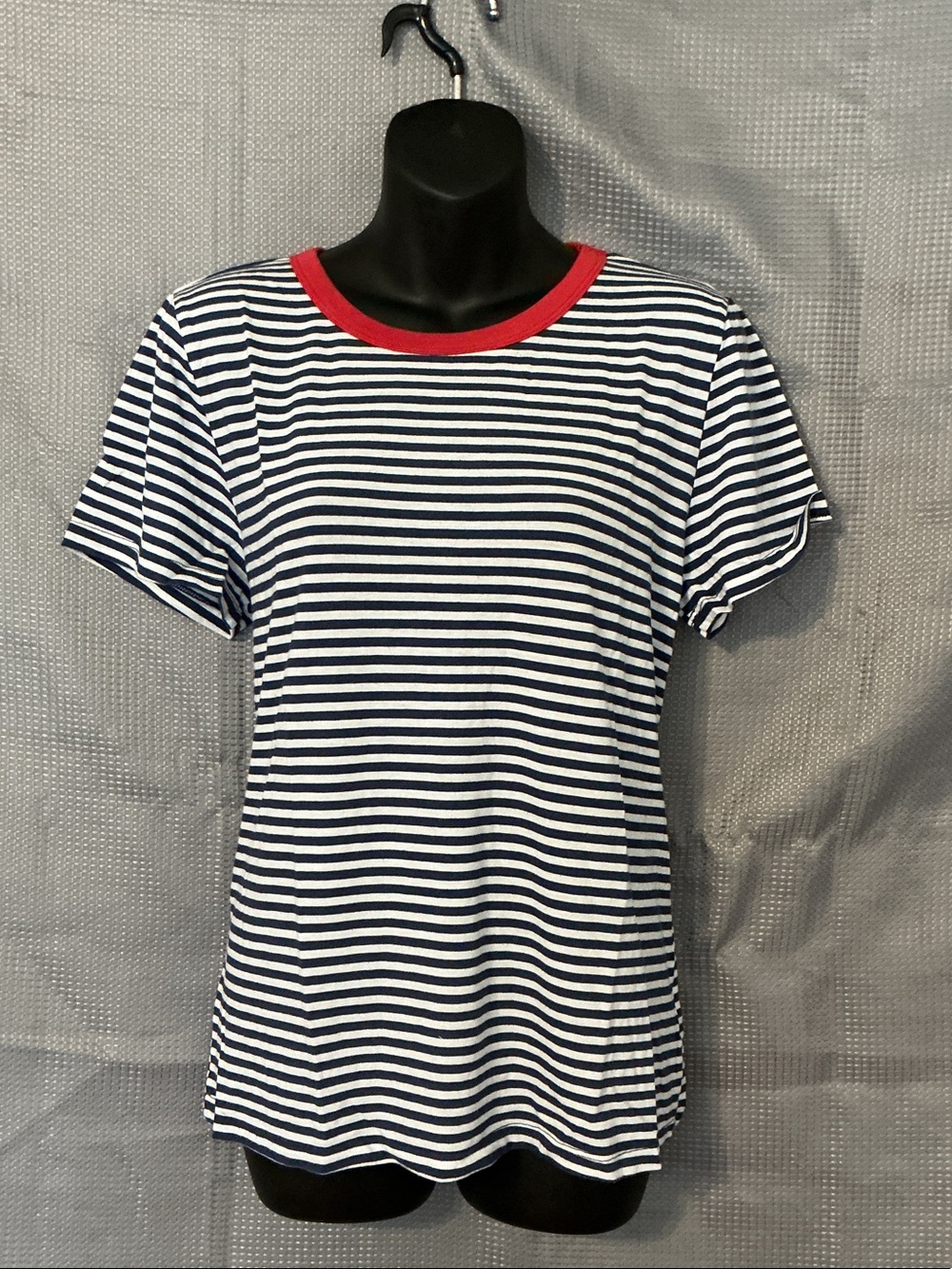 Anthropologie Navy & White Striped Short-Sleeve Tee with Red Neck Trim